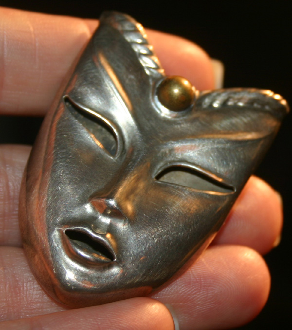 Vintage Mexico Sterling Silver Asian Mask Pendant Pin