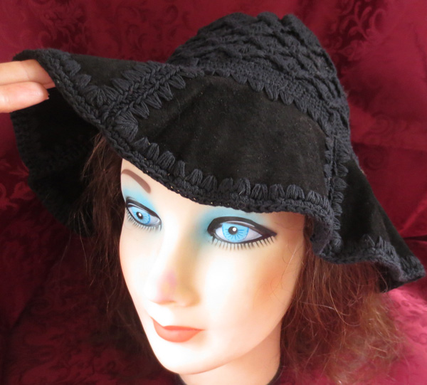Vintage Black Suede Leather Patchwork Crochet Floppy Hat