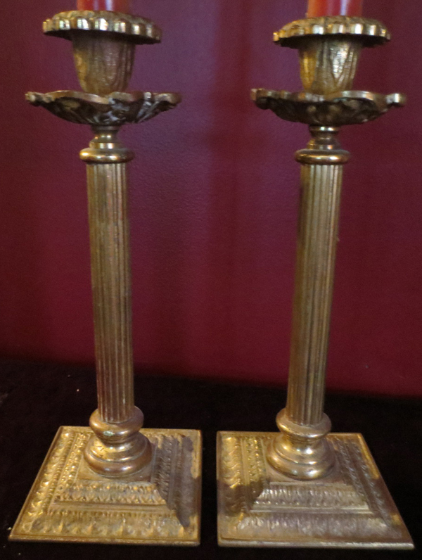 Vintage Pair Gothic Solid Brass Column Candle Holders