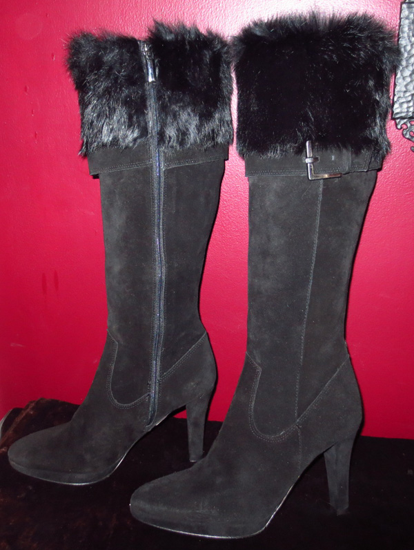 Ladies Knee High Black Suede Leather Fur Trim Boots 7