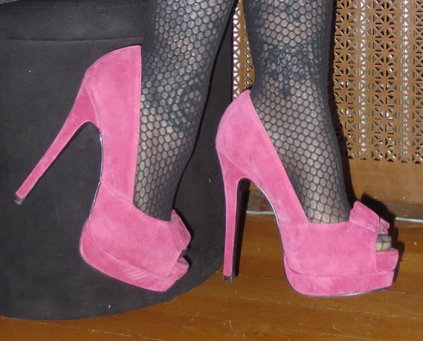 PinUp Pink Suede Peep Toe Bow Platform Heels