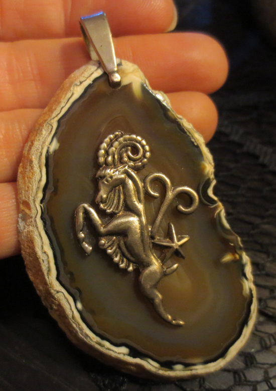 Vintage Sterling Silver Aries Ram Zodiac HUGE Agate Slice Pendant