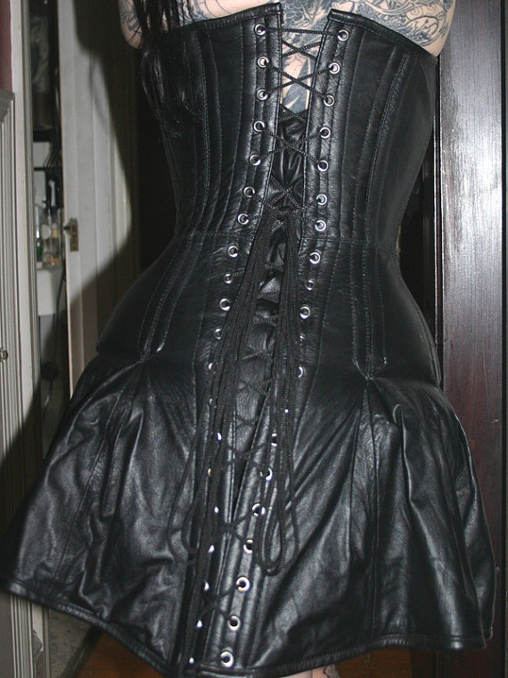 Gothic Fetish Leather Black Corset Mini Dress Sm Med