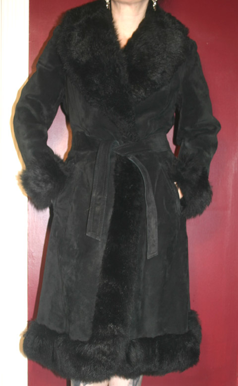 Vintage Gothic Black Suede Leather Fur Coat S/M