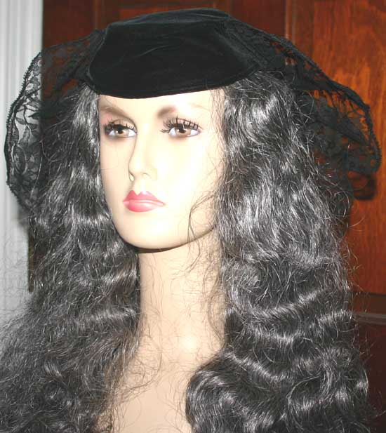 Vintage 1940s Black Velvet Lace Crown Tilt Hat