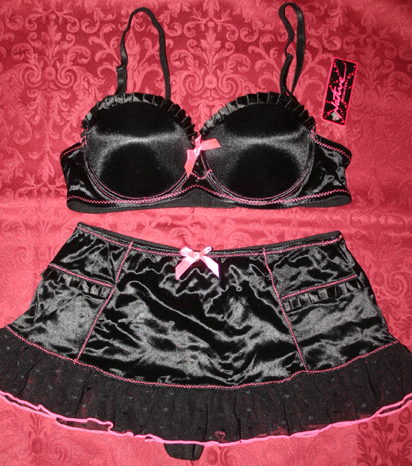 Black Pink Satin Bra Garter Panties Set 34B M 3995 3300