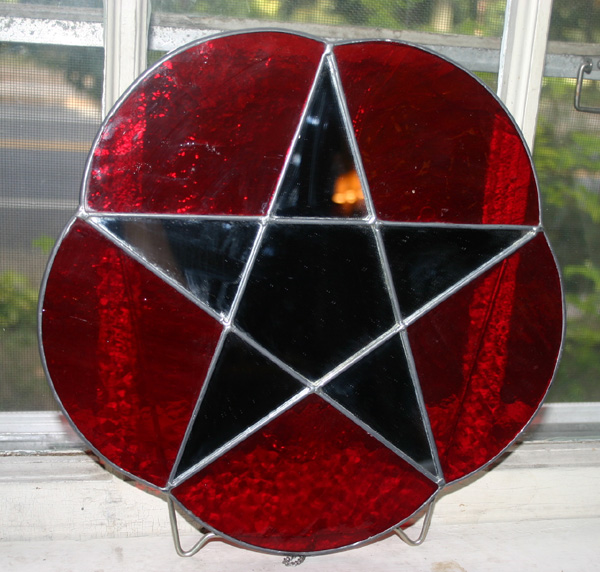 Vintage Wiccan Red Stained Glass Pentagram Mirror