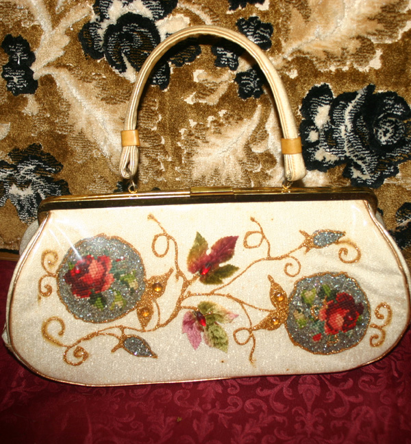 Vintage 1950s Glitter Flowers Large Handbag Purse
