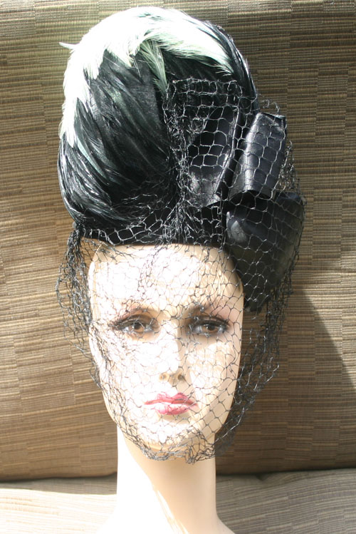 Vintage 1940s Black Wool Feather Veil Tilt Topper Hat